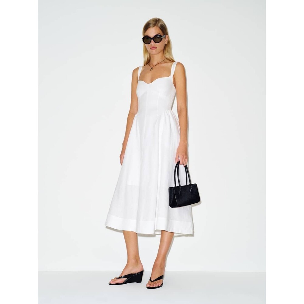 NWOT Reformation White Birdie Linen Dress , Sweetheart Midi Dress with Pockets